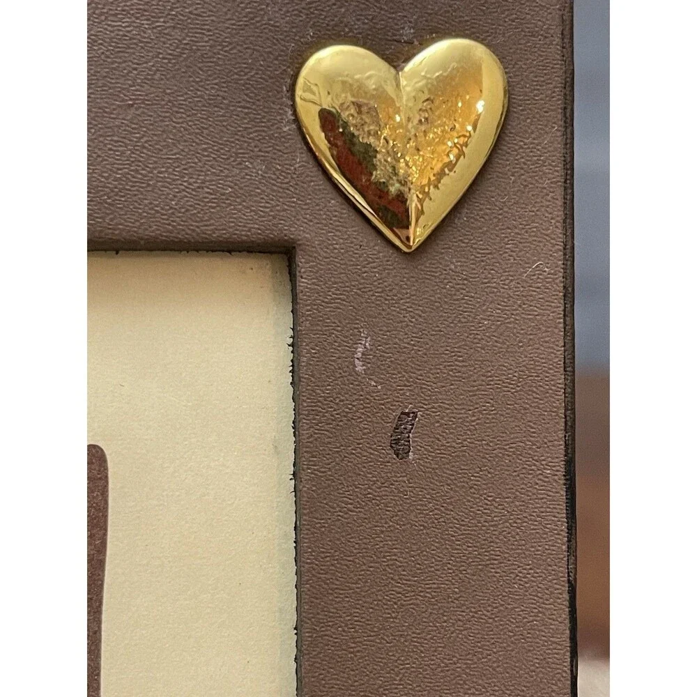Vintage Brown Wood-Look Frame W Appliqué Metal Hearts 6.5